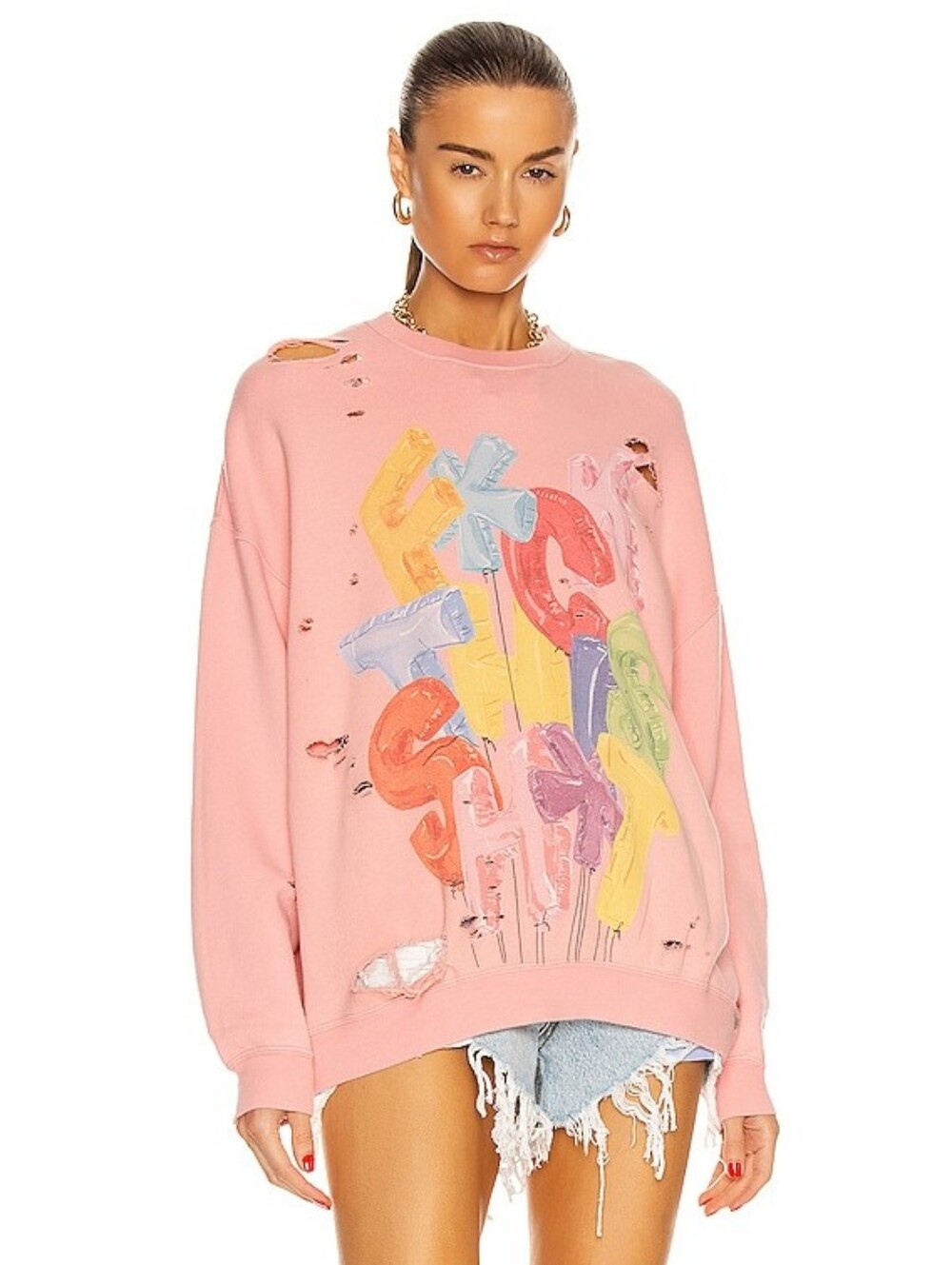 R13 F*ck This Sh*t Balloon Graphic Crewneck Sweatshirt Pink